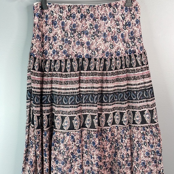 Chaps Floral Paisley Plisse Midi Skirt Bohemian Full Tiered Ruffled Size S - Picture 2 of 9